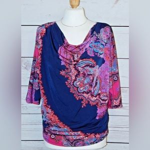 JONES NEW YORK Signature Size Small Multicolor Drape Neck 3/4 Sleeve Knit Top